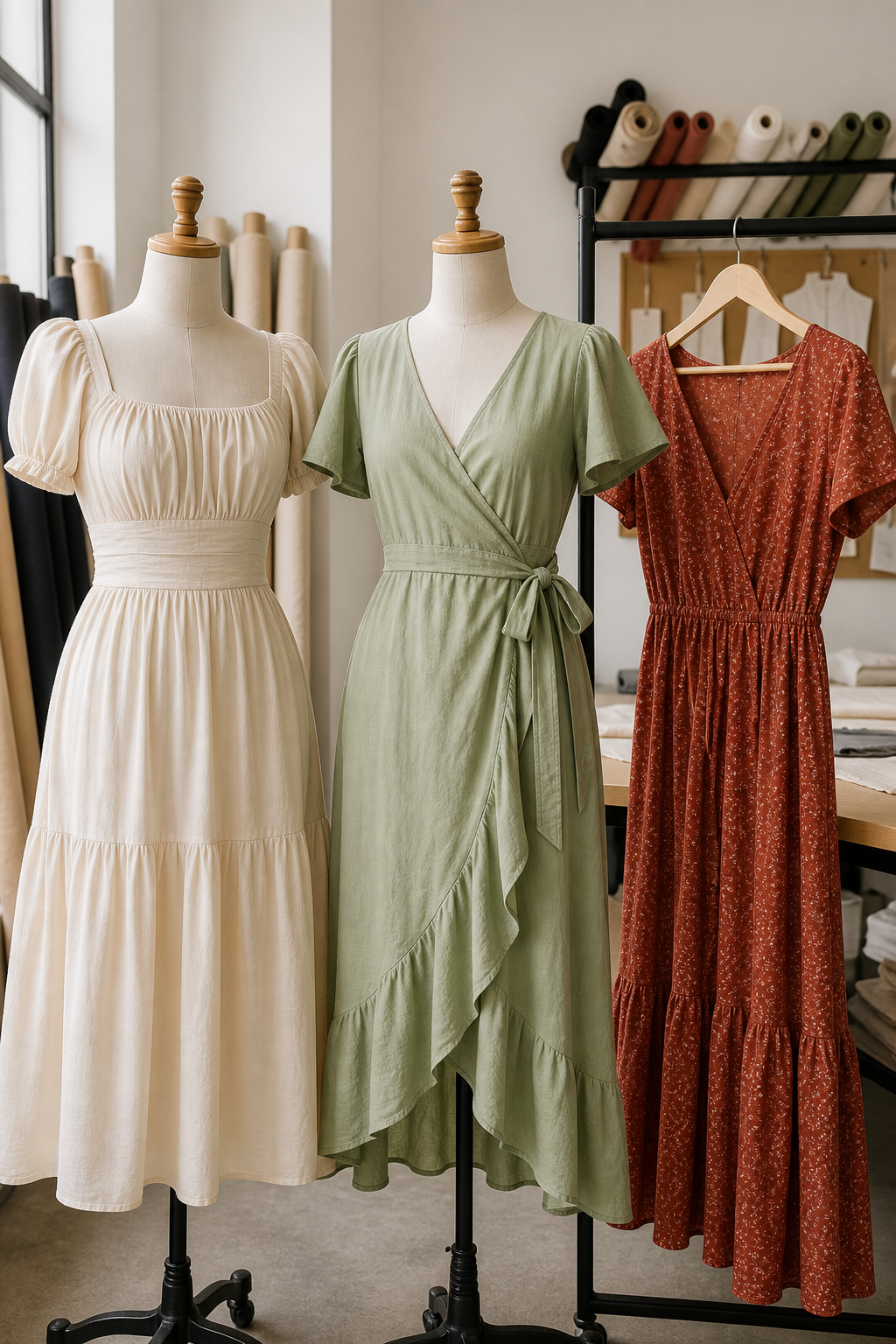 Dress samples on mannequins in a garment factory sample room